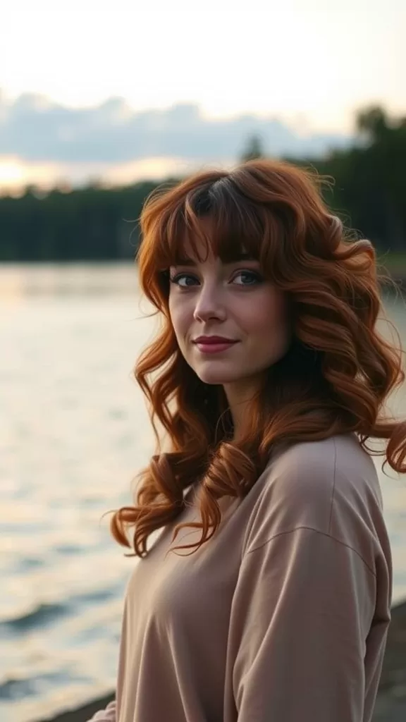 A woman with curly shoulder-length hair and side bangs by a river.