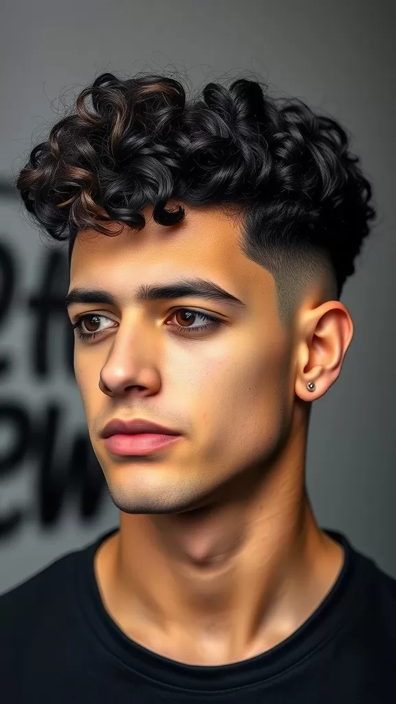 A young man with curly hair styled in a skin fade hairstyle, showcasing defined curls on top and faded sides.