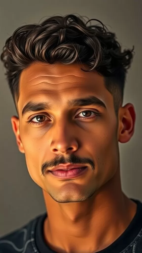 A man with a curly taper fade hairstyle, featuring defined curls on top and a fade on the sides.