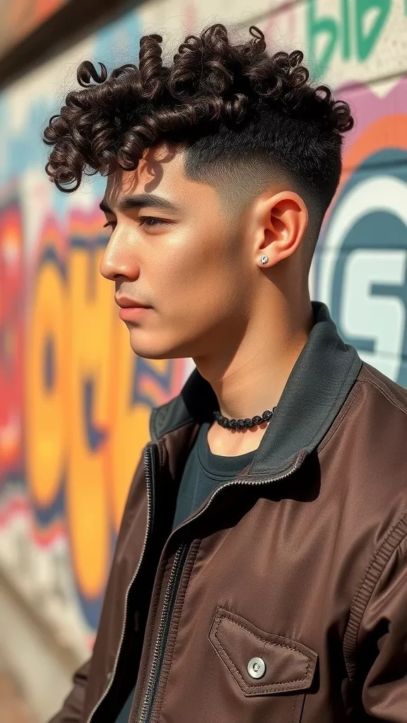 A young man with a curly undercut hairstyle, featuring defined curls on top and faded sides, standing in front of a colorful graffiti wall.