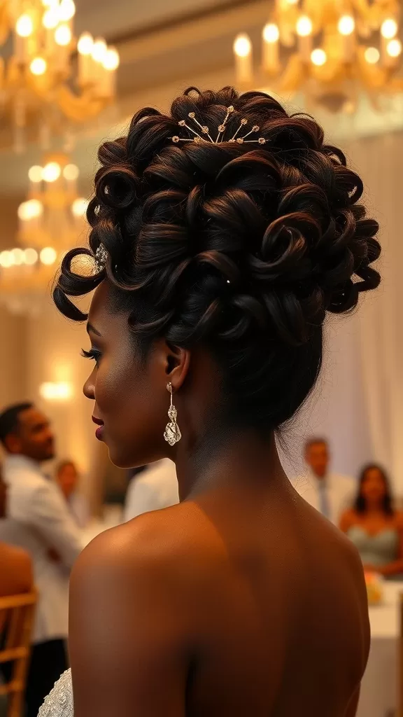 A woman with a curly updo hairstyle adorned with a decorative hairpiece, showcasing elegance and style at a formal event.