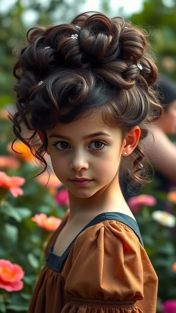 A young girl with a curly updo hairstyle adorned with small accessories, standing in a garden filled with colorful flowers.