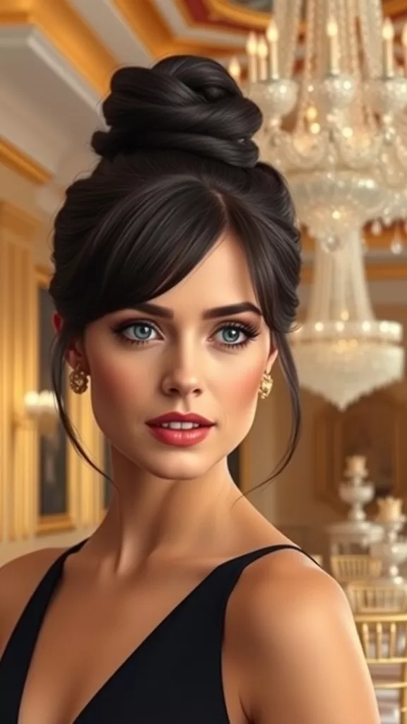 Woman with curtain bangs and a high bun, looking elegant in a sophisticated setting