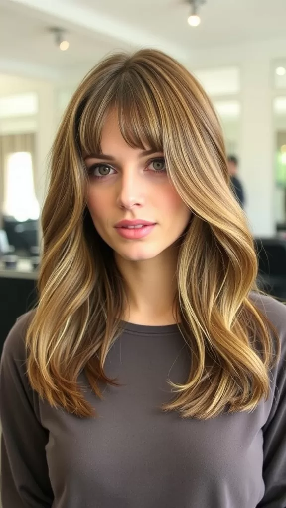 A woman with long layered hair and curtain bangs, showcasing a modern hairstyle.