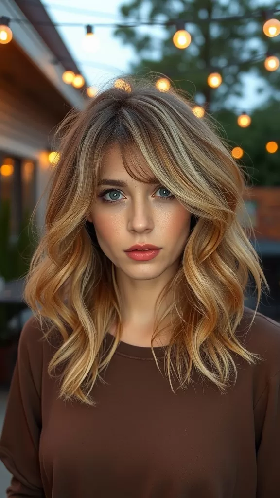 A woman with curtain bangs and messy waves, looking stylish and relaxed.