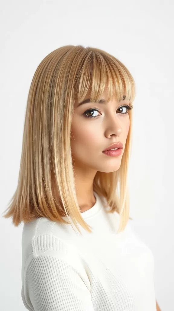 A woman with straight hair and curtain bangs, showcasing a trendy hairstyle.