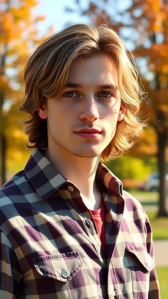 A young man with a curtains hairstyle, wearing a checkered shirt, with autumn foliage in the background.