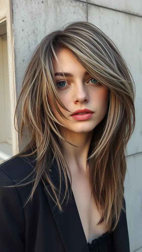A woman with long shaggy hair styled in disconnected layers, featuring subtle highlights.