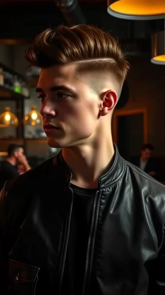 A young man with a disconnected undercut hairstyle, wearing a black leather jacket in a stylish setting.