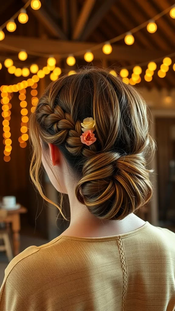 A double braided low updo hairstyle with flowers, set against a backdrop of soft glowing lights.