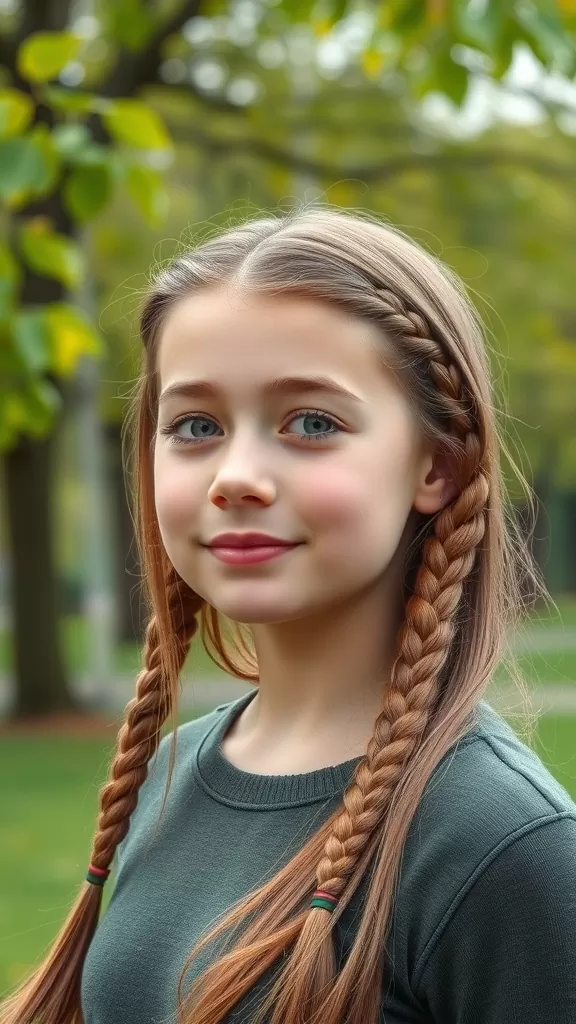 A girl with double Dutch braids, smiling in a park.