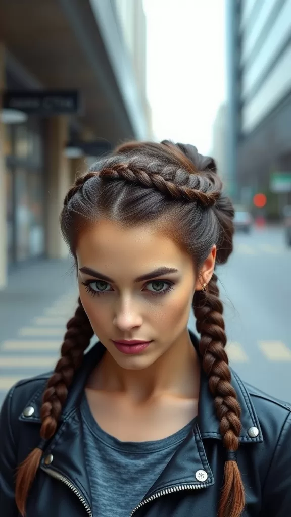 A woman with double Dutch braids styled into an updo, wearing a black leather jacket and a gray top, set against an urban backdrop.