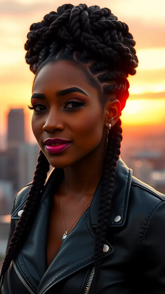 A woman with Double Dutch Braids styled in an updo, wearing a leather jacket, against a sunset backdrop.