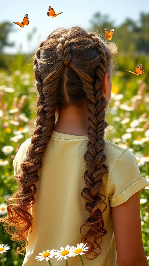 A girl with double Dutch braids and curls in a field of flowers, with butterflies around her.