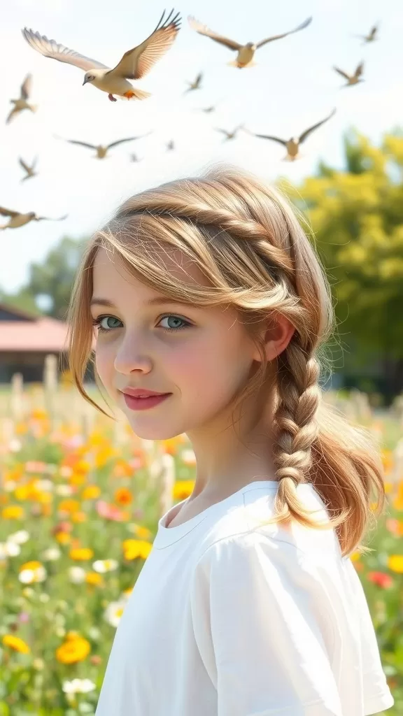 A girl with double French braids and loose waves, surrounded by colorful flowers and birds.