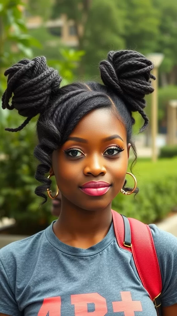 A young woman with double high buns hairstyle, styled with twists and loose curls.