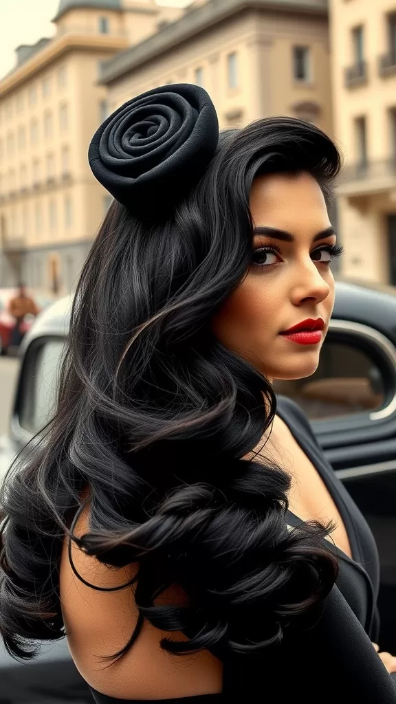 Woman with double victory rolls hairstyle and a black rose accessory, showcasing vintage glamour.