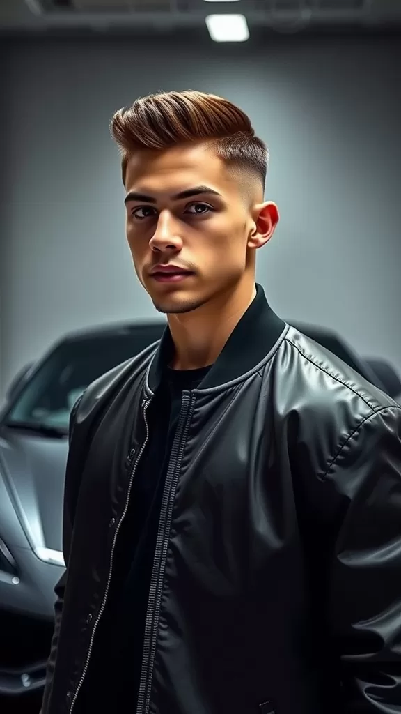 Young man with a drop fade hairstyle and waves, wearing a black bomber jacket, against a sleek car backdrop.