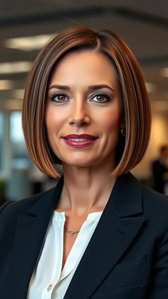 A woman with an ear-length blunt bob hairstyle, wearing a blazer and smiling confidently.