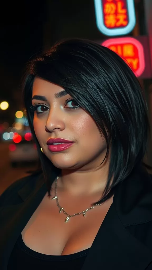 A woman with an edgy asymmetrical crop hairstyle, posing confidently with a chic outfit and striking makeup.
