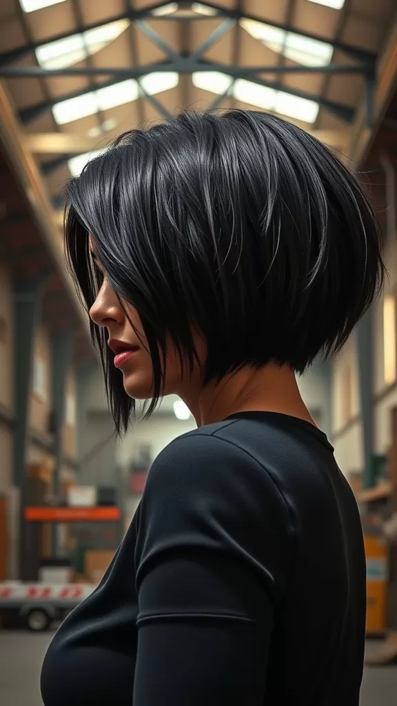 A woman with a stylish edgy layered bob haircut, showcasing dark, choppy layers.
