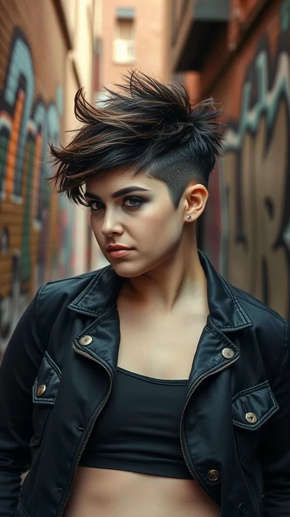 A woman with an edgy pixie cut and shaved sides, wearing a leather vest and striking red lipstick.