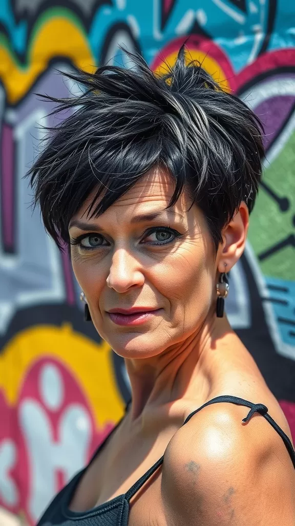 A woman with a choppy layered pixie haircut, showcasing an edgy and modern style.