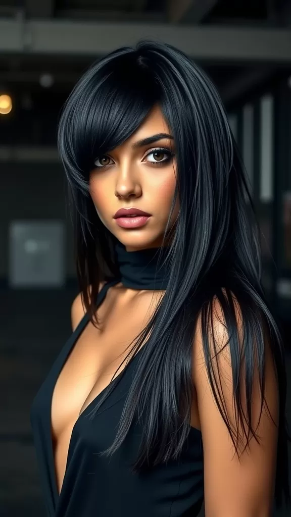 A woman with long shaggy hair and asymmetrical bangs wearing a stylish black outfit.