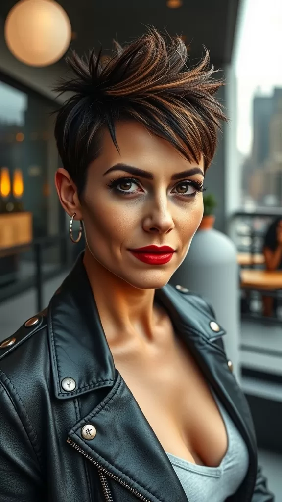 A woman with edgy spiky pixie haircut, wearing a black leather jacket and bold red lipstick.