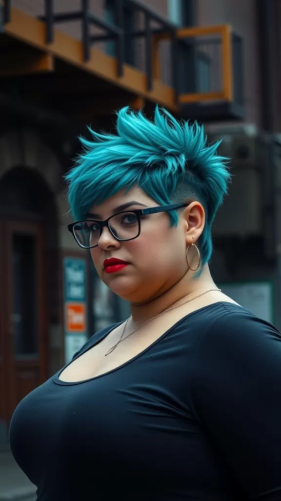 A plus-size woman with an edgy undercut hairstyle, featuring vibrant blue spikes and wearing glasses.
