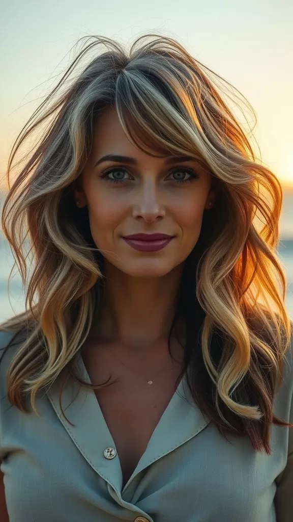 Woman with wavy shag haircut and curtain fringe, standing outdoors with sunset in the background