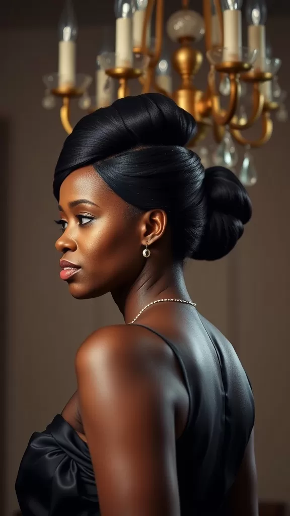 A woman with a sleek chignon hairstyle, featuring rolled sections and a polished bun, wearing a black dress and elegant accessories.