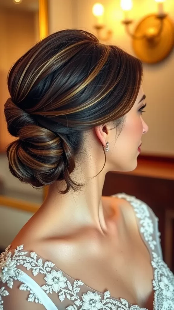 A woman with an elegant chignon hairstyle featuring a side sweep, adorned with subtle highlights, looking stunning in a detailed wedding dress.