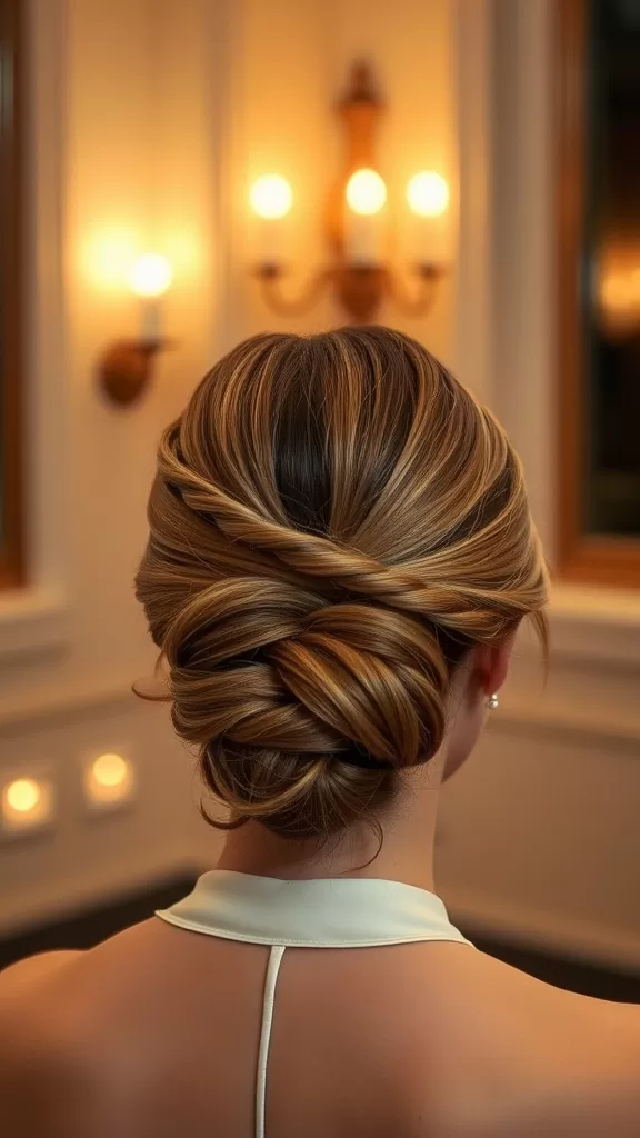 A woman's elegant low bun hairstyle with twisted details, showing the back view with soft lighting in the background.