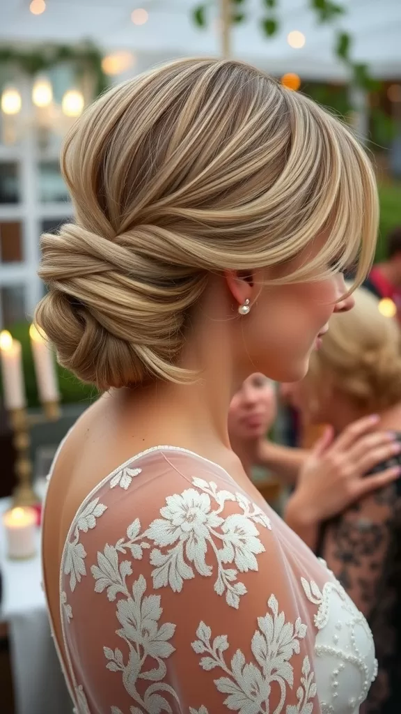A woman with a stylish side bun hairstyle, wearing a floral designed dress.