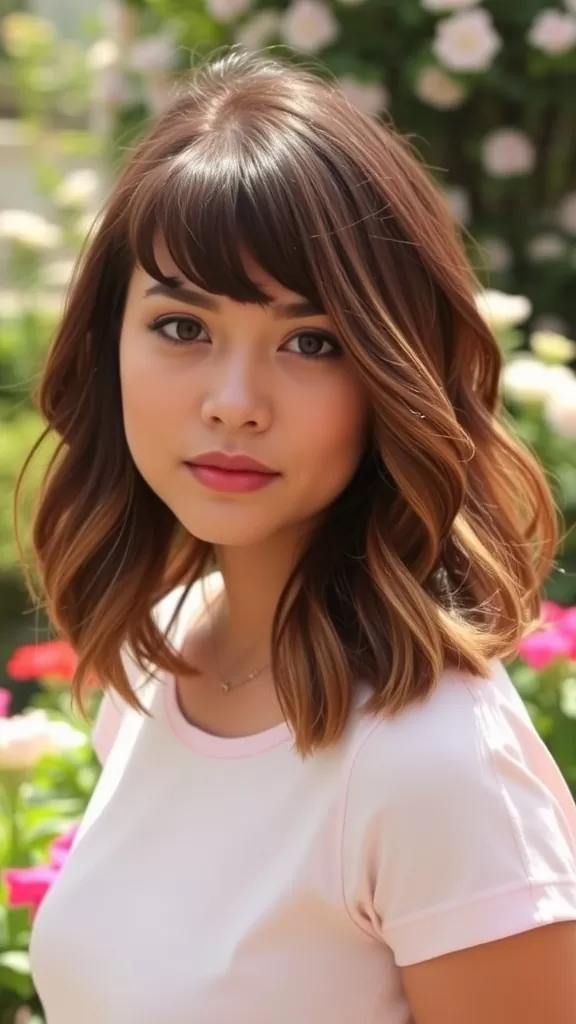 Woman with face-framing bangs and a wavy lob hairstyle standing in front of blooming flowers