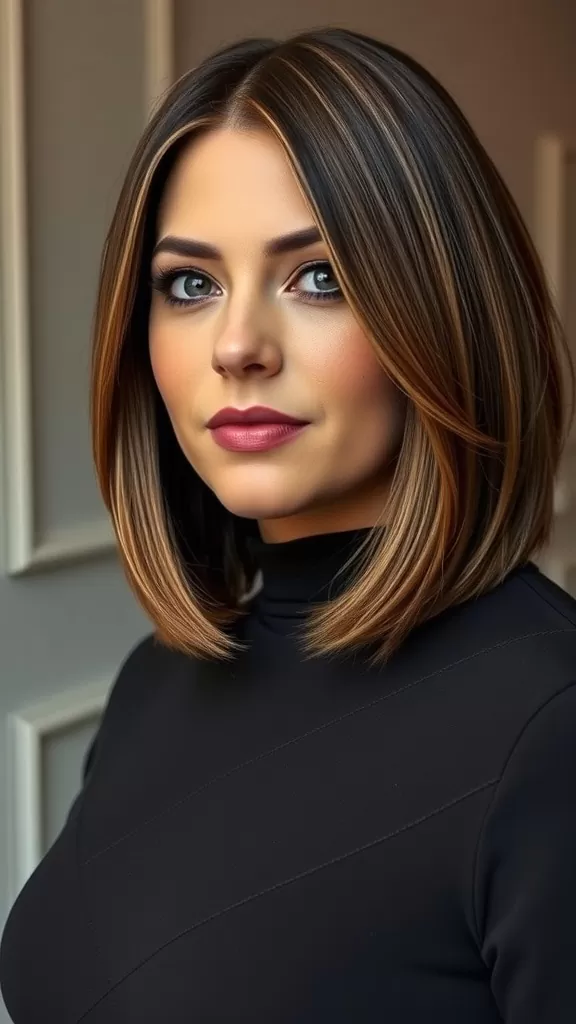 Woman with a face-framing layered haircut, featuring warm highlights and a modern look.
