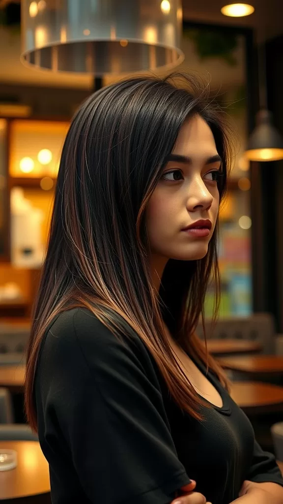 A woman with long straight hair styled with face-framing layers, looking thoughtful in a cozy cafe setting.