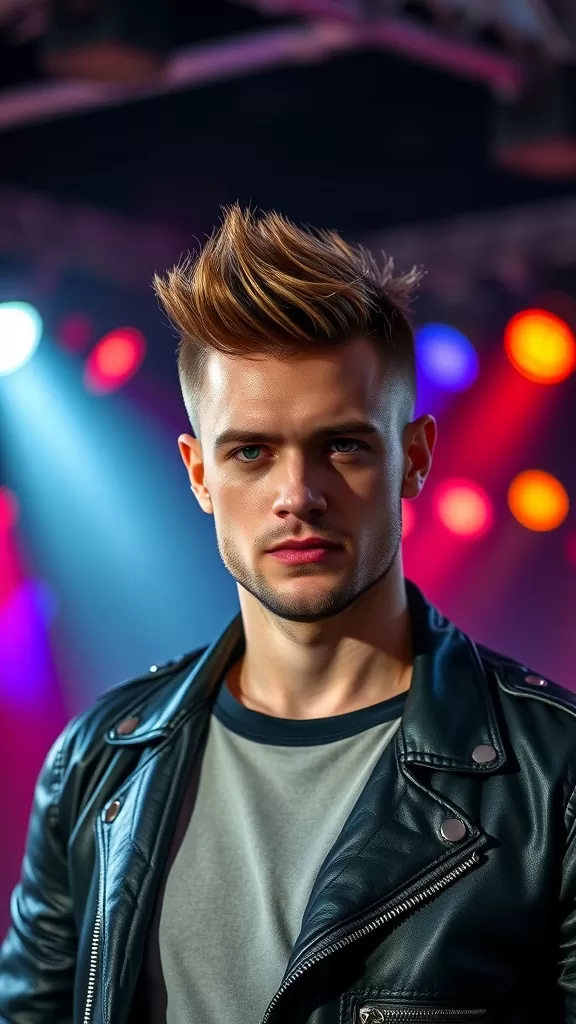 A young man wearing a faux hawk hairstyle, dressed in a leather jacket, with colorful stage lights in the background.