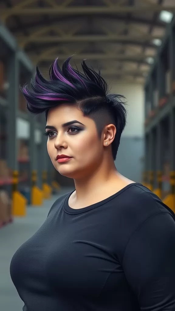 A woman with a faux hawk pixie haircut featuring dark hair with purple highlights, wearing a black top.
