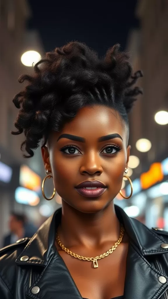 A woman with a faux hawk updo hairstyle, featuring voluminous curls on top and closely cropped sides, wearing a leather jacket.