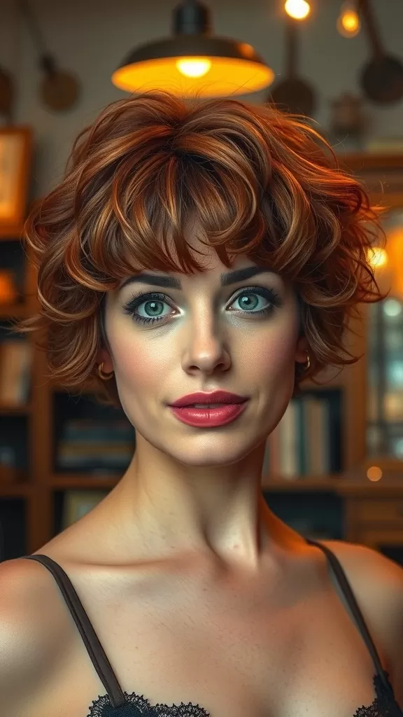 A woman with a curly bob and feathered bangs, showcasing a vibrant hairstyle.