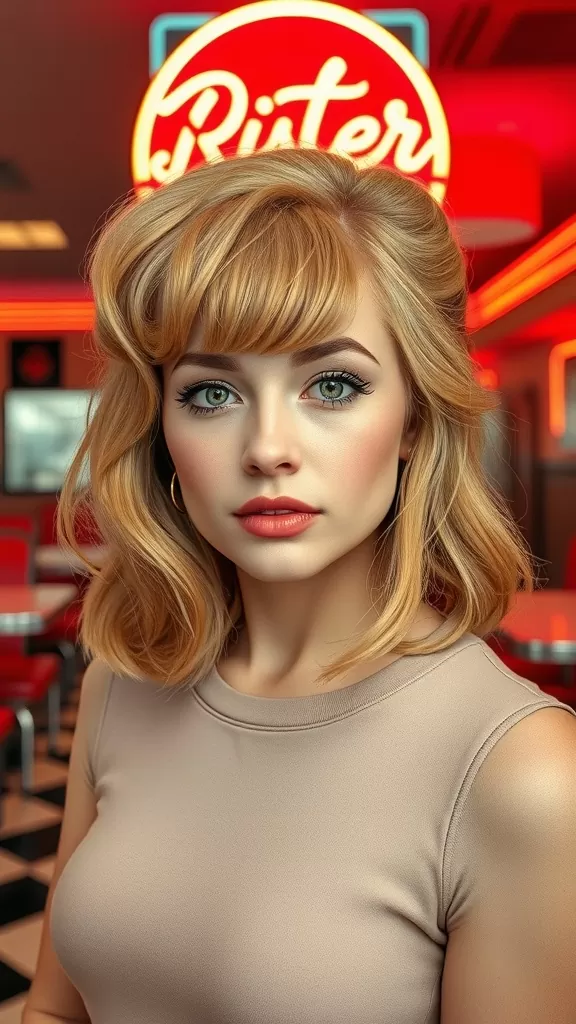 A woman with feathered bangs and a retro flip hairstyle, posing in a diner-like setting with bright neon lights in the background.