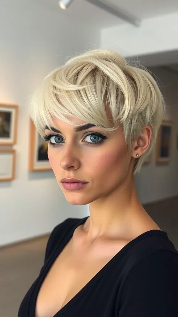 A model with a short pixie haircut and feathered bangs, showcasing a stylish and modern hairstyle.