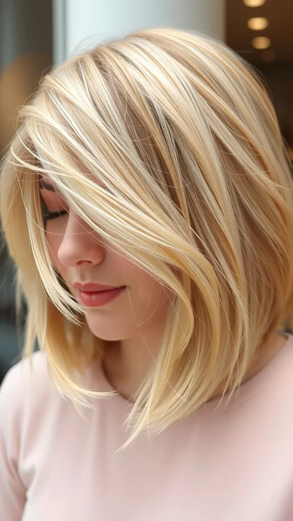 Feathered bob haircut on a woman with blonde hair, showcasing layered texture and movement.