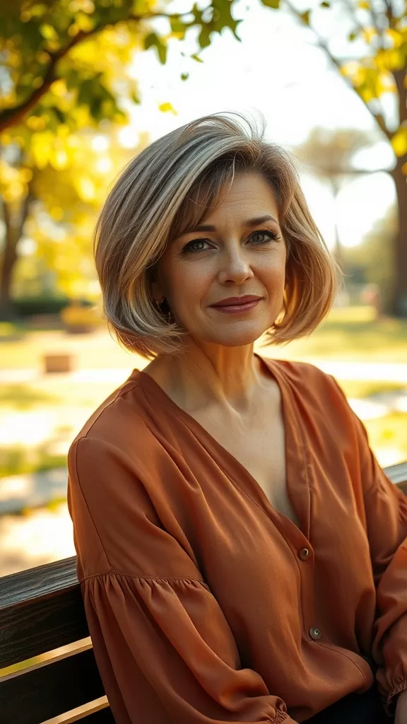 A woman with a feathered bob hairstyle, wearing an orange blouse, sitting on a bench in a park.