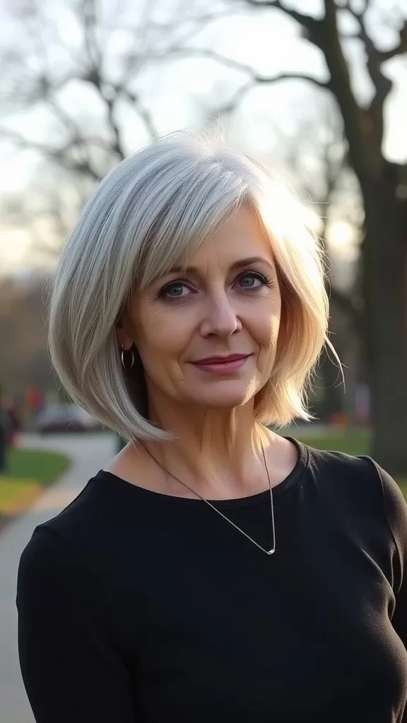 A woman with a feathered layered bob hairstyle, showcasing soft layers and a silver color, standing outdoors.