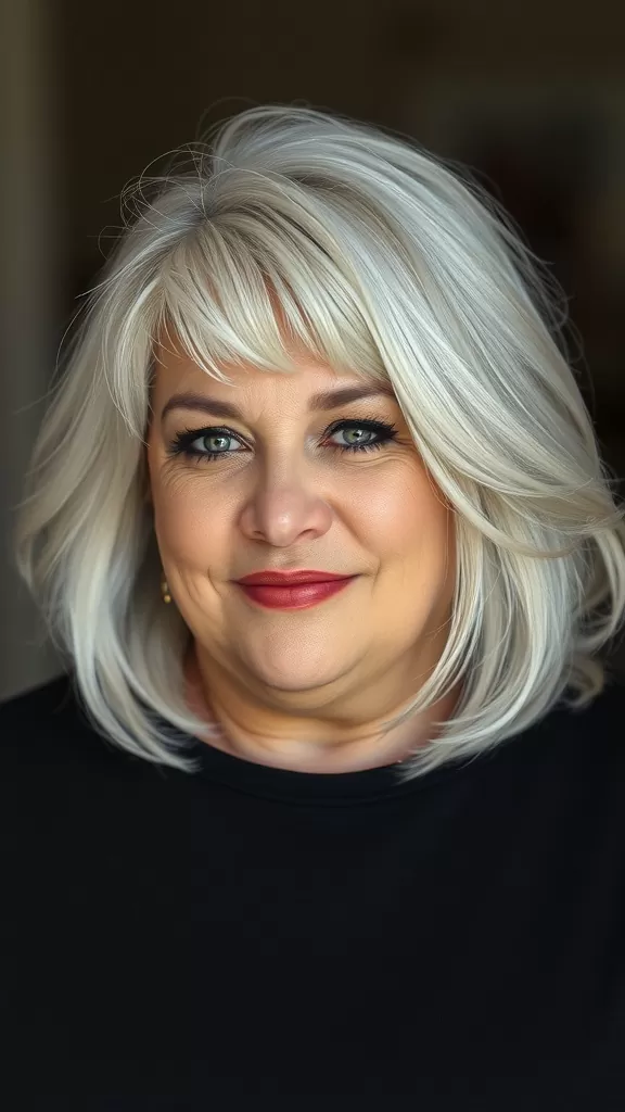 A woman with a feathered layered haircut, showcasing soft layers framing her face.