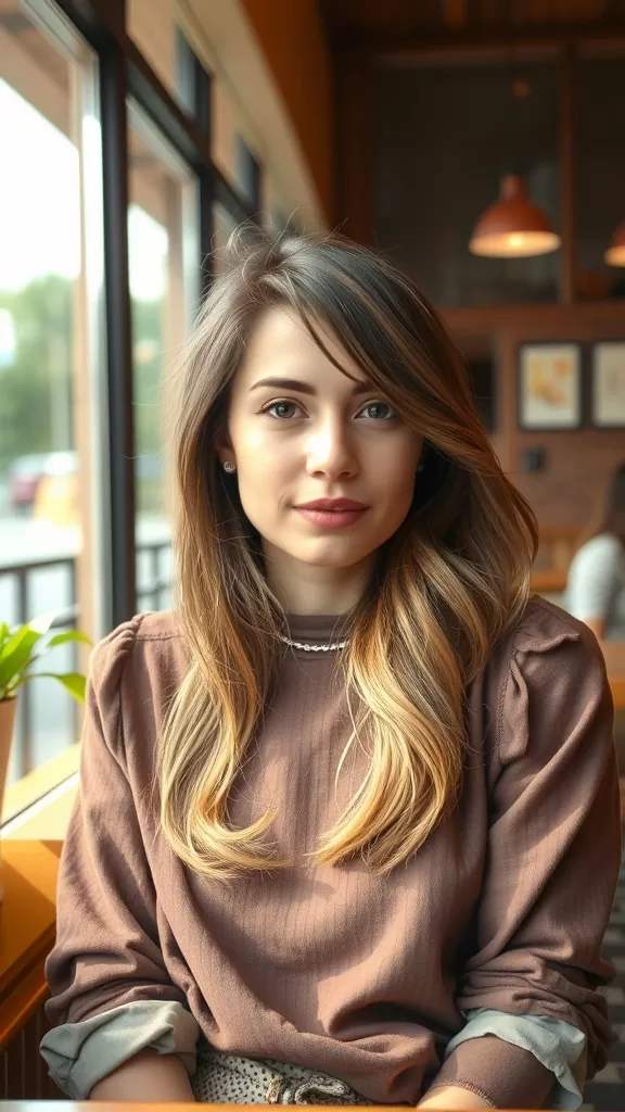 A woman with long feathered layers in her hair, sitting in a cafe