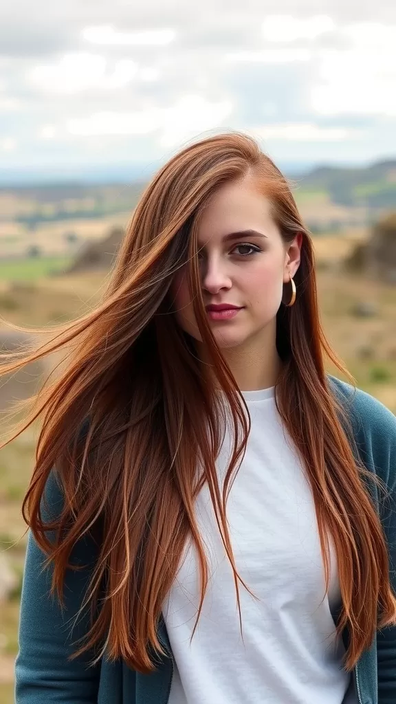 A young woman with long, feathered hair standing outdoors, showcasing the beauty of a feathered long haircut.